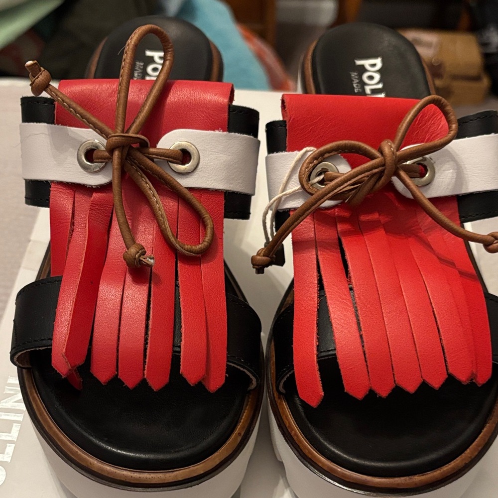 Pollini Women’s Red, White & Black Fringe Slide Sandals new in box - Picture 3 of 10